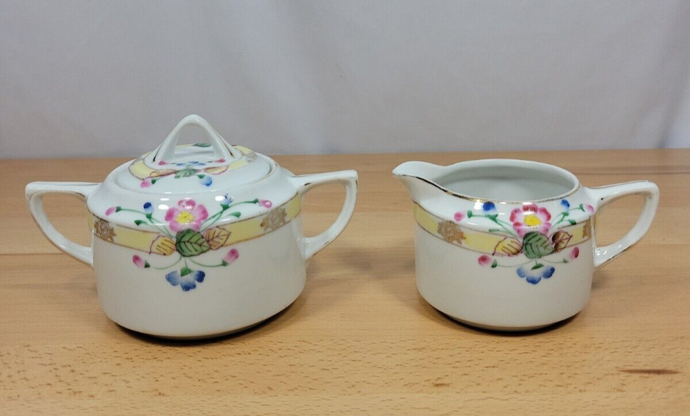 Vintage Nippon Japan Hand Painted Creamer and Sugar with Lid Roses Floral Flower